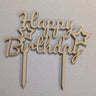 Wooden 'Happy Birthday' cake topper with stars on a light grey background, available to buy at Beardy Baker.